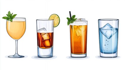 Four Colorful Cocktails In Glasses With Garnishes On White Background