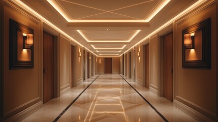 Elegant hotel corridor luxury establishment architectural indoor perspective