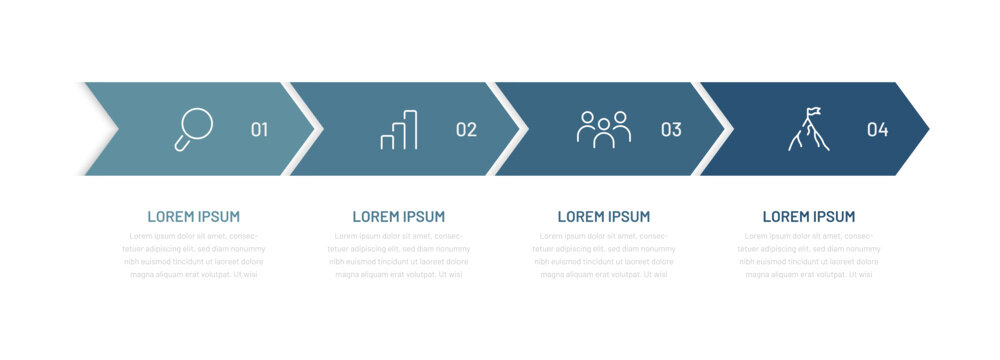 A business template consisting of four processes. Infographics for the website, presentations, reports, diagrams, and progress reports. Timeline