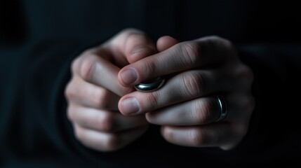 Close-up of a person's hands, specifically their fingers. the hands are clasped together, with the fingers slightly curled around each other.