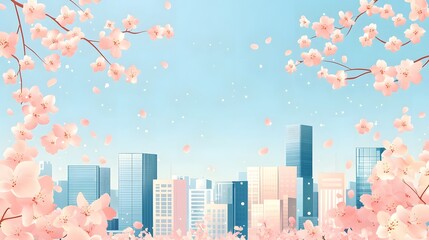 Fototapeta premium Cherry blossoms, blue sky, and city buildings in the background, in a cute style 