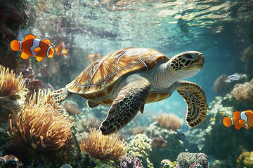 Fototapeta premium underwater scene featuring a sea turtle near a vibrant coral reef, with clownfish swimming among swaying sea anemones. 