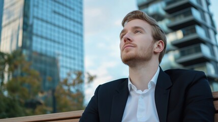 Fototapeta premium Young man sitting on a wooden bench in an urban area. he is wearing a black suit and a white shirt. he has short blonde hair and is looking up towards the sky with a thoughtful expression on his face.