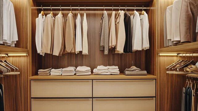 Organized Luxury: A well-lit walk-in closet showcasing sleek wooden cabinetry, a curated selection of clothing, and an array of soft towels, exuding a sense of refined organization and personal style.