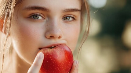 Close-up portrait of a young woman with blonde hair and blue eyes. she is holding a red apple in front of her mouth and taking a bite out of it.
