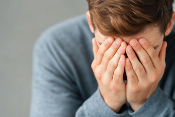 Man expressing deep emotion while covering his face in a contemplative moment