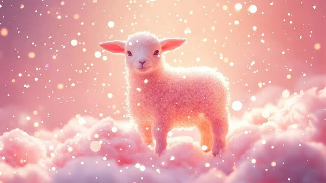 A glowing baby lamb standing on a fluffy pink cloud in a dreamy fantasy scene