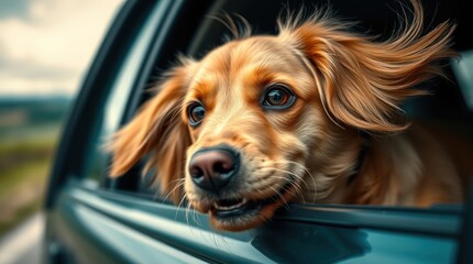 Happy dog enjoying a scenic drive with wind in its fur, capturing a joyful moment in nature