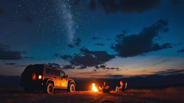 Nighttime Campfire Under the Milky Way: Two figures are silhouetted against a blazing campfire, enjoying the breathtaking view of the night sky brimming with stars and the Milky Way.
