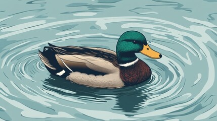 Fototapeta premium Colorful Duck Swimming in Clear Water Ripples at Tranquil Location