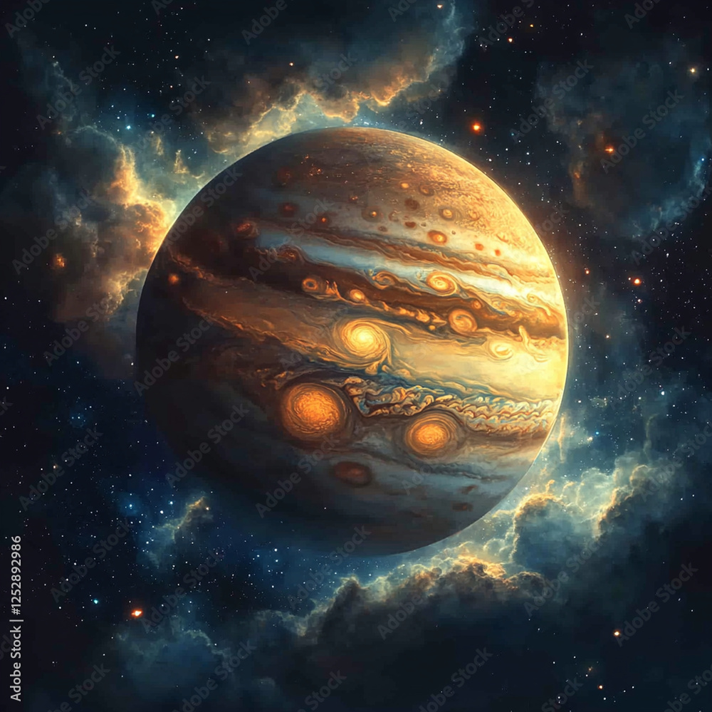 Wall mural vivid representation of jupiter showcasing its colorful bands and swirling storms in a cosmic settin
