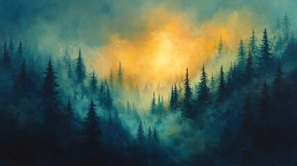 Obraz premium Ethereal Forest, A dreamlike landscape of pines shrouded in mist, illuminated by a golden ethereal glow