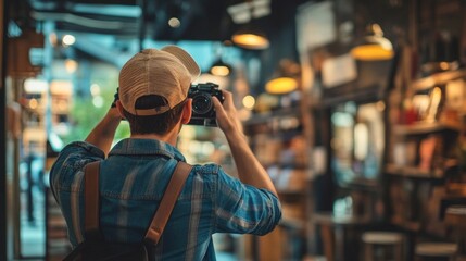 Traveler with a camera exploring a vibrant bookstore
