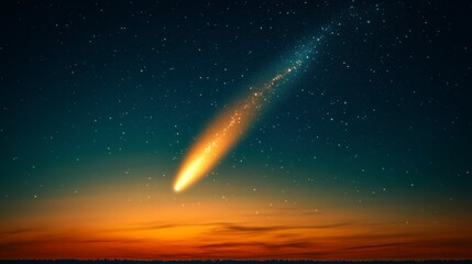 Comet over sunset landscape, nighttime sky