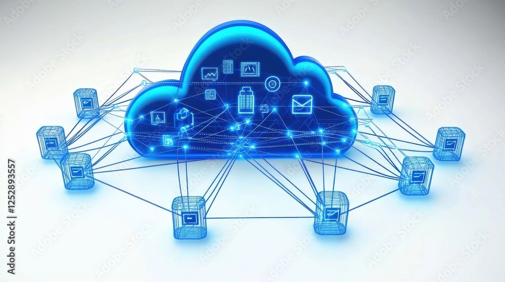 Poster digital cloud computing concept with connections and data icons