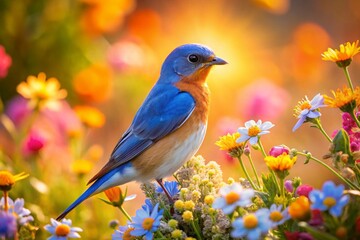 Fototapeta premium Bluebird Among Colorful Flowers: Vibrant Nature Stock Photo
