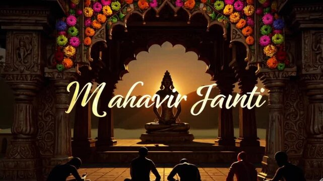 A serene sunrise bathes an ancient Jain temple in golden light, adorned with vibrant floral decorations. Devotees perform rituals and meditate before Mahavira&rsquo;s statue, as soft music plays 