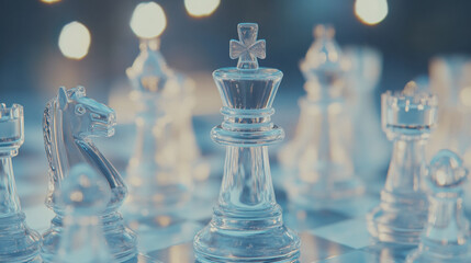 Close-up view of elegant glass chess pieces on an abstract blue background emphasizing strategic gameplay and artistry
