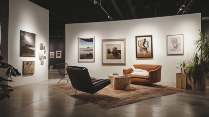 Art gallery interior with modern paintings and seating
