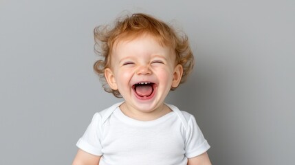 Happy baby laughing, studio portrait, cheerful expression, possible use in parenting, children's products, or advertisements