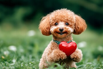 Cute poodle pup with diamond red heart on a walk in a spring green space. Poodle - my desired dog, symbol of friendship. Ad animal visual idea. Romantic pet photography. Romantic pet portrait.