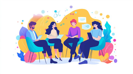 Fototapeta premium A diverse group of four friends collaborates enthusiastically around a table, each equipped with digital devices, symbolizing teamwork, creativity, and modern communication.