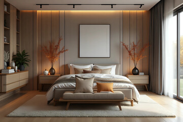Stylish interior of modern bedroom with autumn decor. Front view.