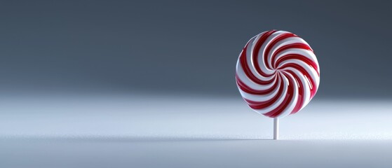 3d rendering of a red and white striped lollipop on a white stick. the background is a gradient of grey and white, with a hint of blue at the bottom.