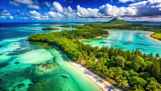 Mauritius' Ile aux Cerfs beach, a dreamy aerial view, blurred background.