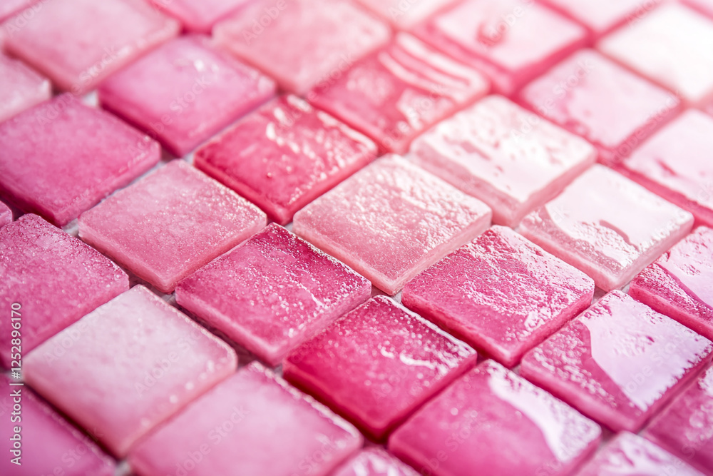 Poster close-up of shiny pink glazed ceramic tiles with a glossy surface, arranged in a grid pattern, symbo
