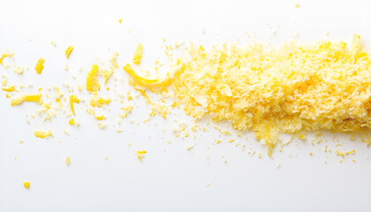 Fresh grated lemon zest on white background
