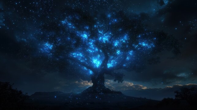 Beautiful night scene of a large tree with a starry sky in the background. the tree is in the center of the image, with its branches reaching up towards the sky.