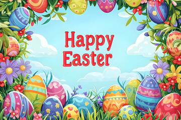 Colorful Easter flowers and eggs, arching text in the center, joyful design for banners or cards.