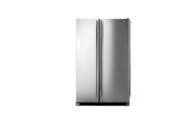 A modern stainless steel refrigerator with a digital display on a empty plain background