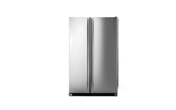 A modern stainless steel refrigerator with a digital display on a empty plain background