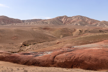 Beautiful red mountains in the Khizy region.