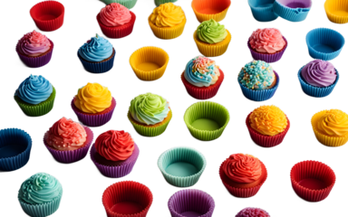 A set of colorful silicone cupcake molds on a empty plain background