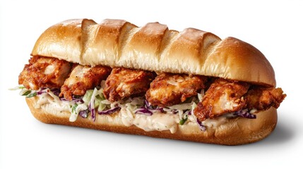 The image is of a sandwich with a long, golden-brown bread roll. the bread roll is filled with fried chicken, which appears to be crispy and golden brown.