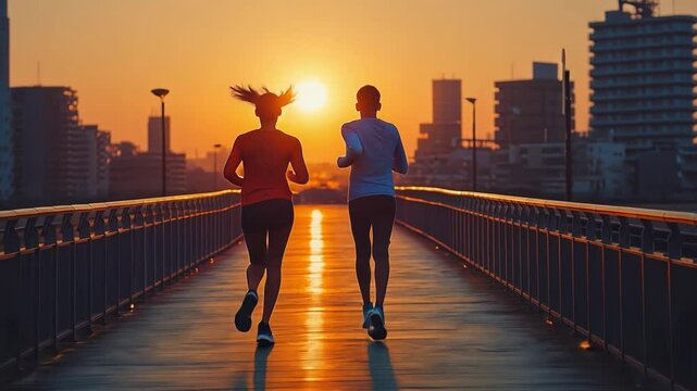 Morning Run in the City: Two runners silhouetted against a vibrant sunrise, their determination reflected in their strides as they navigate a city bridge.