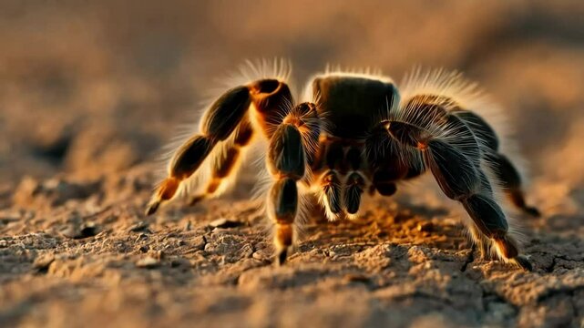 A striking portrait of a tarantula crawling across the desert floor, its hairy legs moving across the dry, cracked earth.
