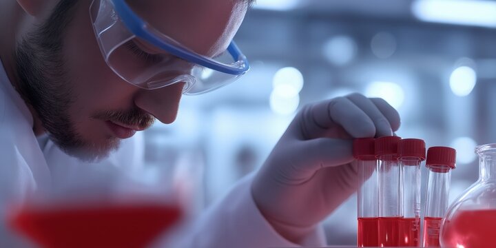 A scientist examines red liquid samples in test tubes, denoting meticulous attention in laboratory research.