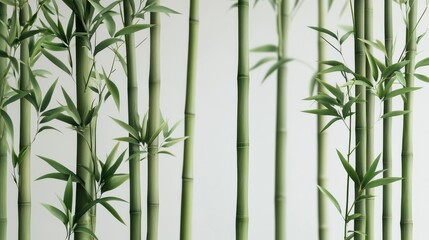 Lush Green Bamboo Stalks with Fresh Leaves Against a White Background