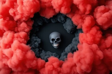 Dark and vivid skull surrounded by swirling red and black smoke in a dramatic setting