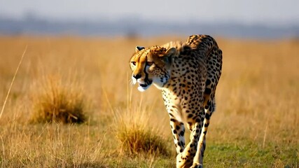 A striking portrait of a cheetah stealthily prowling through golden savanna grass, its body poised for a sprint.
- Powered by Adobe