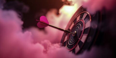 A pink cloud with a red arrow pointing to a clock. The arrow is a heart shape. Concept of love and romance