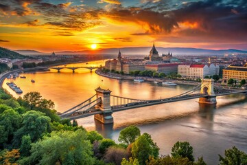 Obraz premium Budapest Sunrise: Chain Bridge & Danube River Skyline