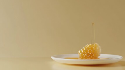 Honeycomb dripping honey on plate, beige background, food photography