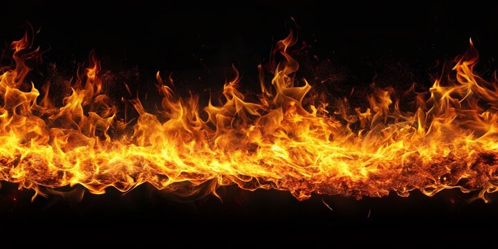 Burning Line of Fire, Top Down View, Isolated on Transparent Background - Stock Photo