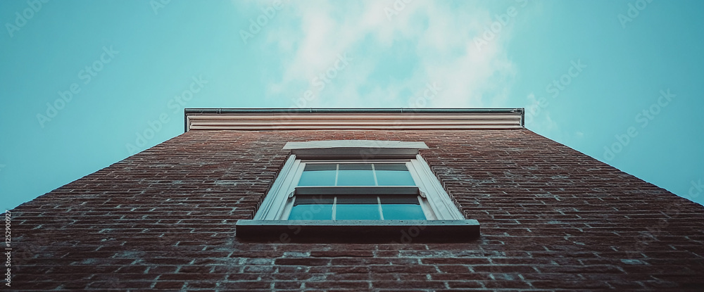 Aufkleber Looking up at a brick wall with a single window, showcasing the verticality of urban architecture and minimalistic design against the backdrop of a blue sky.