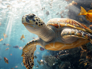 Fototapeta premium underwater scene featuring a sea turtle near a vibrant coral reef, with clownfish swimming among swaying sea anemones. 